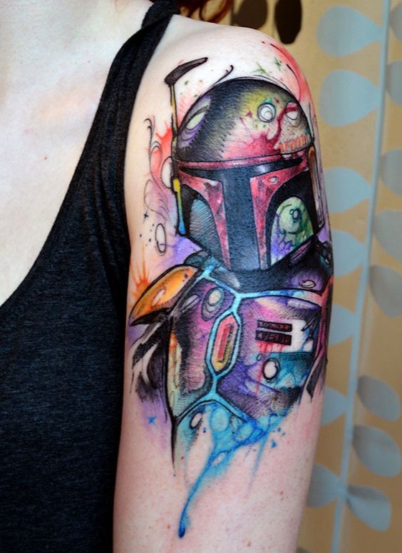 Homemade like watercolor style painted Boba Fett tattoo on upper arm