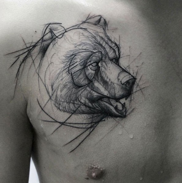 Homemade style black and white bear head sketch tattoo on chest