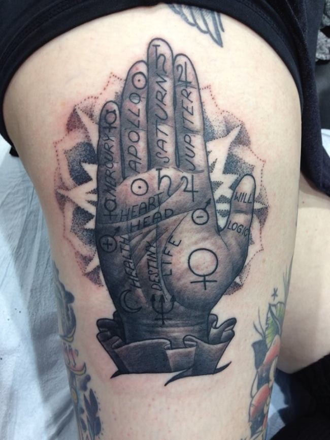 Hausgemachter Stil schwarze und weiße menschliche Hand Tattoo am Oberschenkel mit Schriftzug