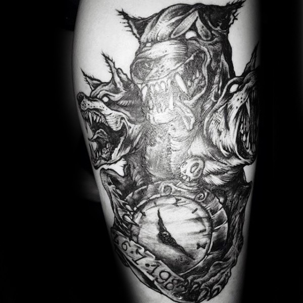 Homemade Style Black Ink Cerberus With Clock And Date Tattooimages Biz