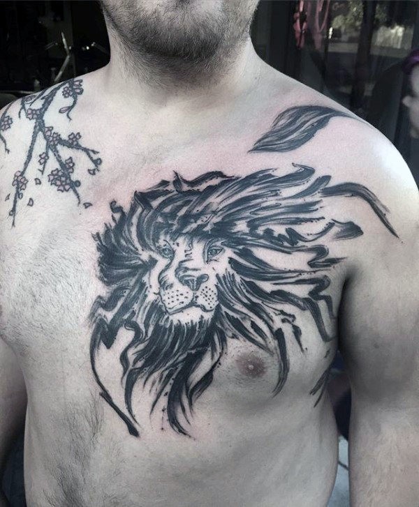 Homemade style black ink chest tattoo fo lion portrait