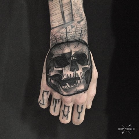 Homemade style black ink hand tattoo of human skull sketch