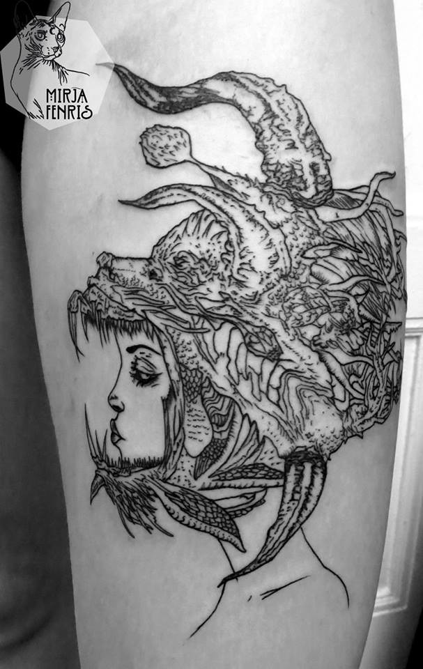 Homemade style black ink tattoo of woman with alien helmet