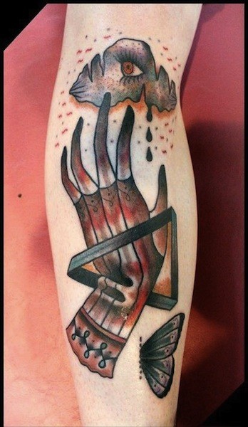 Homemade style colored arm tattoo of mystical hand with cloud and symbols