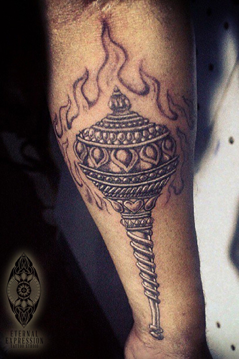 Homemade style colored arm tattoo of large scepter