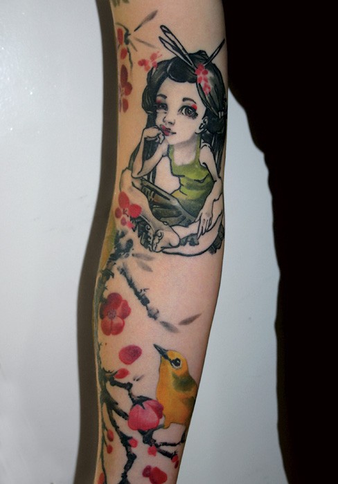 Homemade style colored arm tattoo of little girl with flowers and little bird