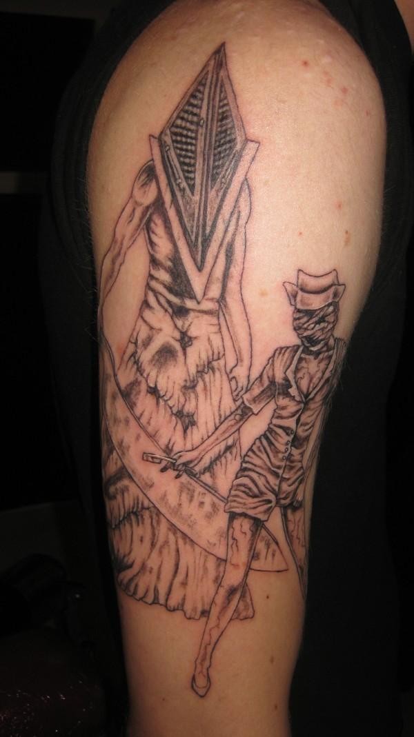 Homemade style colored big shoulder tattoo on Silent Hill monsters