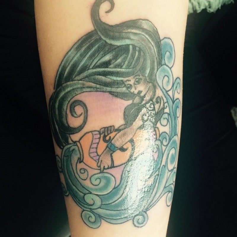 Homemade style colored carelessly painted tattoo of woman Aquarius