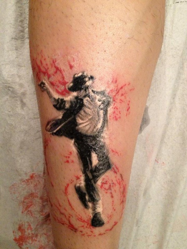 Homemade style colored leg tattoo of Michael Jackson