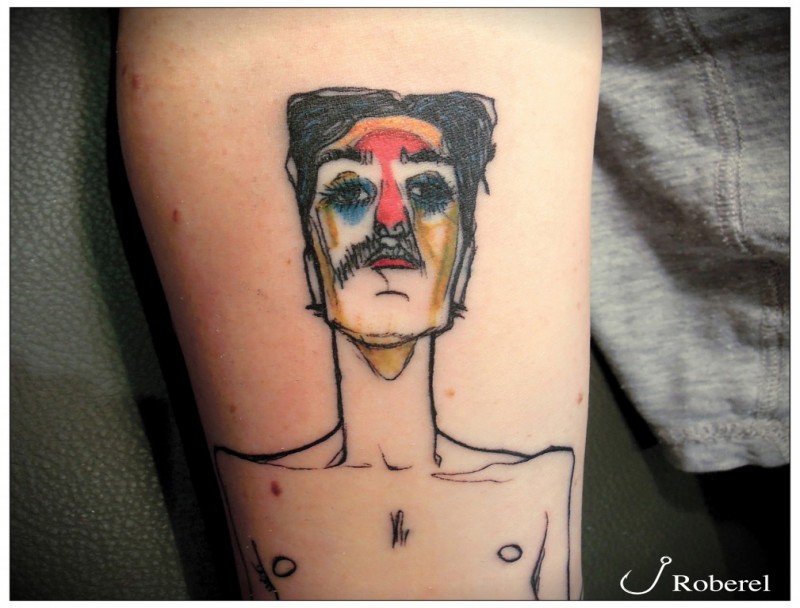 Homemade style colored leg tattoo of funny man
