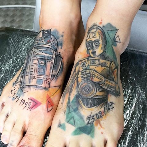 Homemade style colored legs tattoo of Star Wars droids