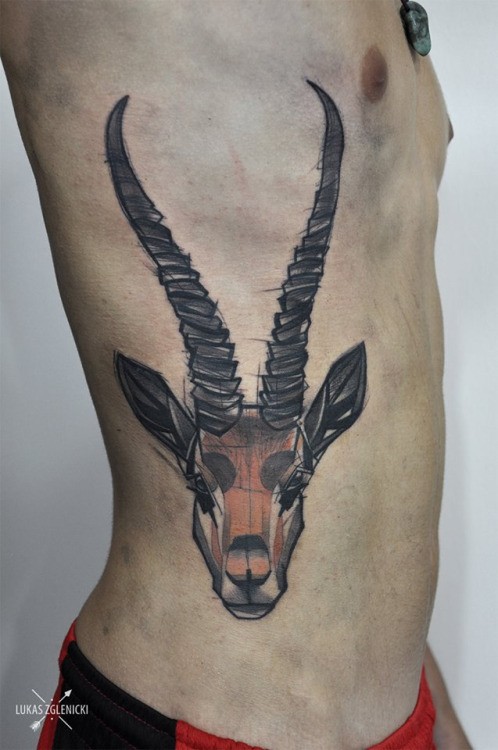 Homemade style colored side tattoo of big goat head with horns