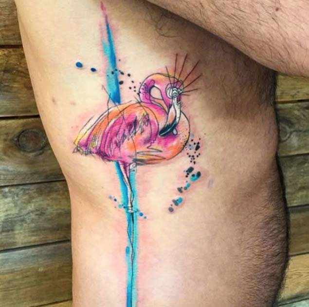 Homemade style painted big flamingo tattoo on side