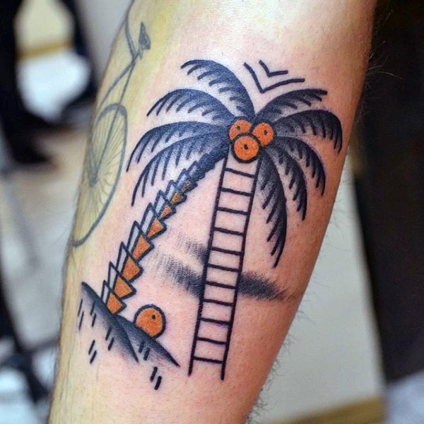 Homemade style painted colored palm tree with coconuts tattoo on leg
