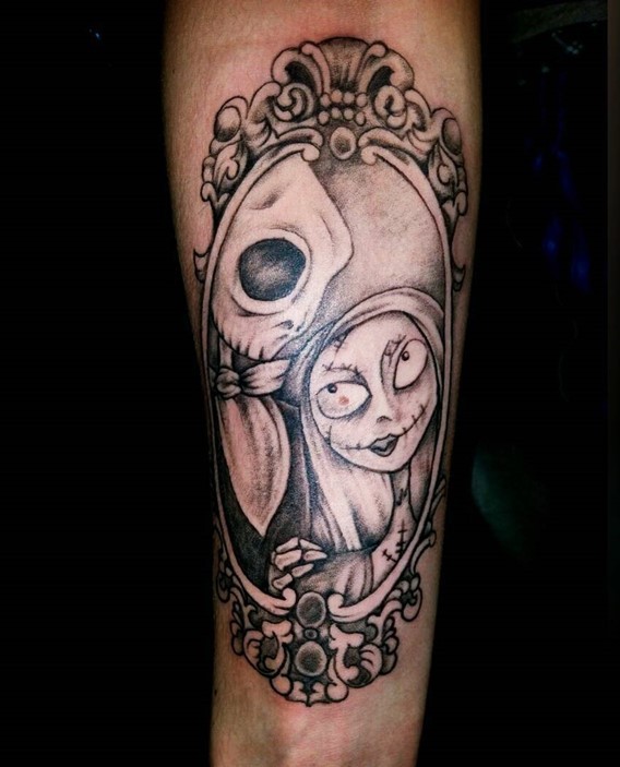 Homemade style simple black and white forearm tattoo of Nightmare before Christmas couple portrait