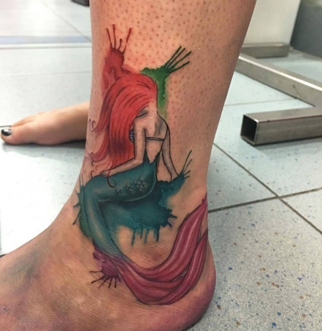 Homemade watercolor style colored mermaid tattoo on ankle