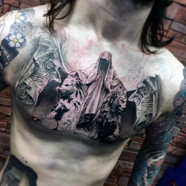 Horrifying colored mysterious demonic tattoo on chest