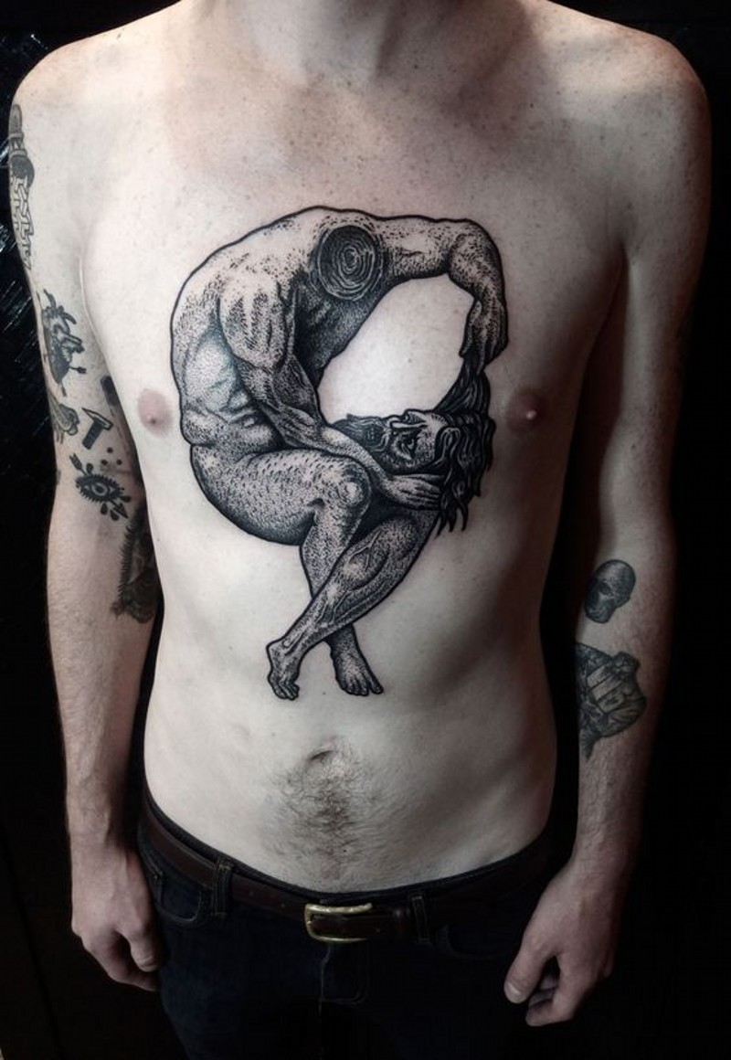 orribile nero e bianco corpo di uomo con testa separata tatuaggio su petto