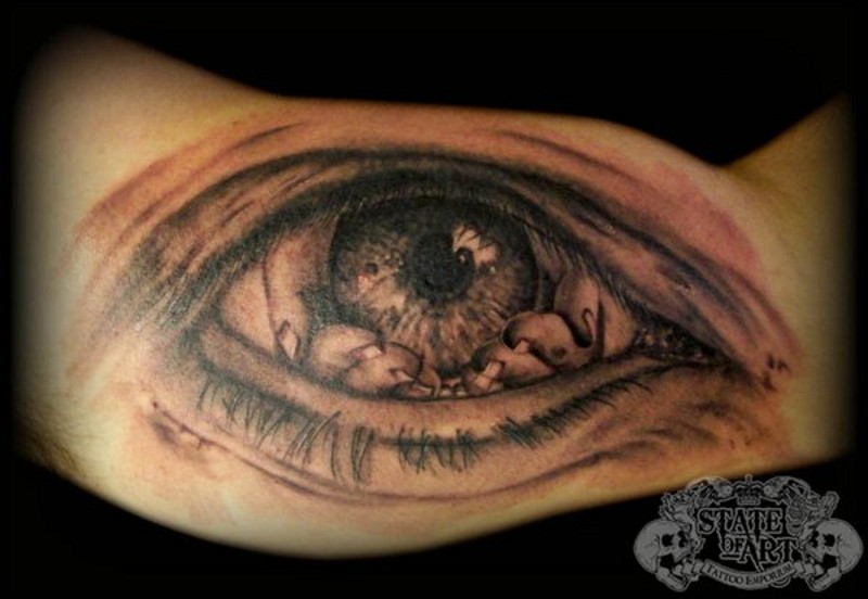 Tatuaje en el brazo,
manos que llevan pupila  dentro de ojo