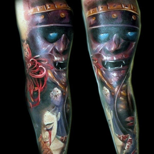 Horror movie like colored demonic samurai warrior tattoo combined with bloody woman portrait