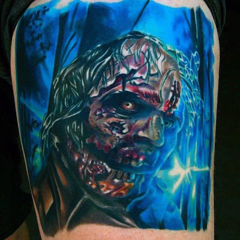 Horror movie like multicolored zombie in dark forest tattoo