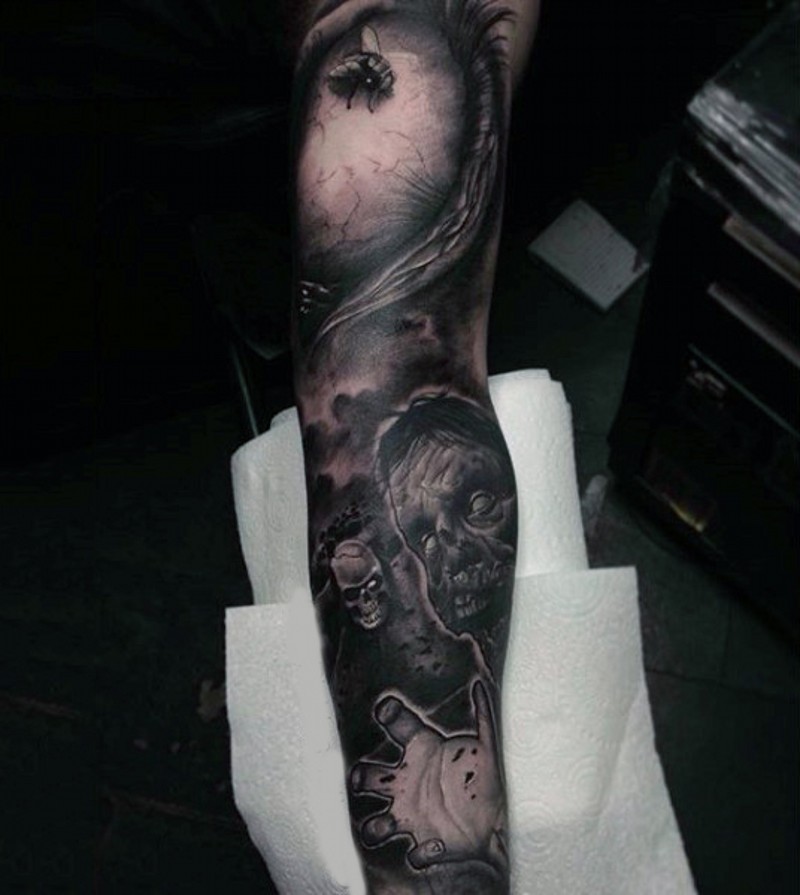 Horror movie themed black and white sleeve tattoo of various zombie monsters and flies