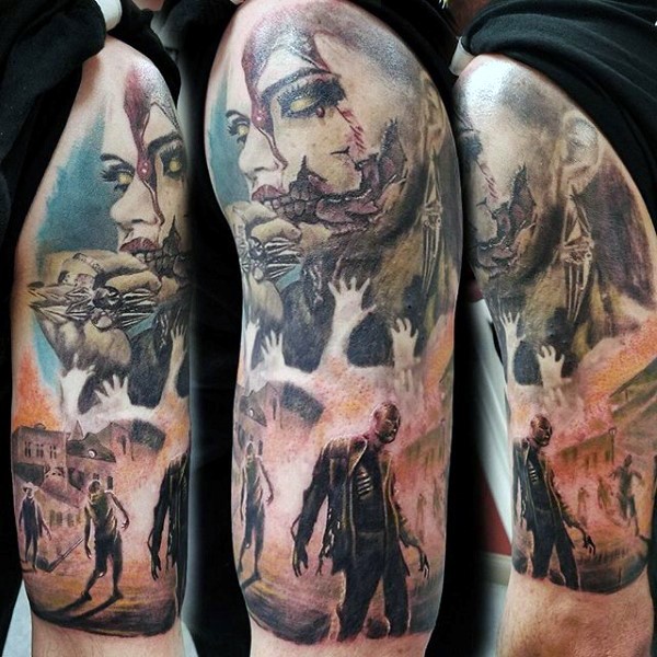 Horror movie themed multicolored shoulder tattoo of various monsters and zombies