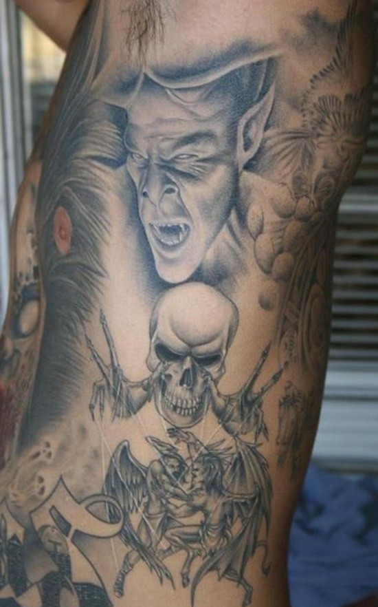 Horror style black and white various monsters tattoo on side