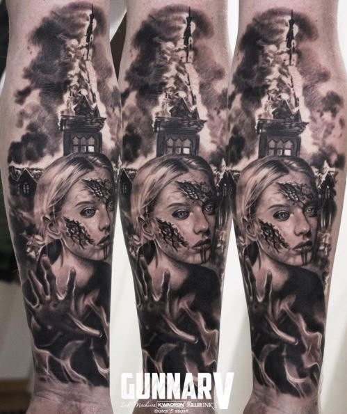 Horror style black ink forearm tattoo of zombie woman with burning church