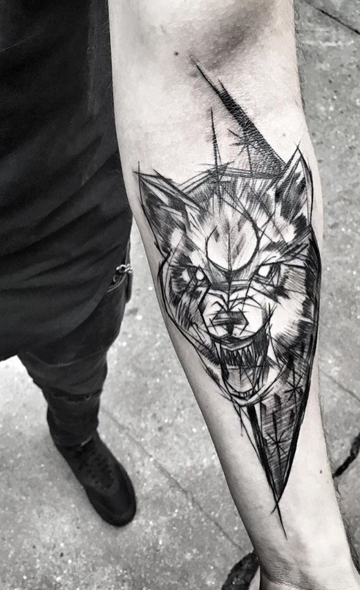 Horror style black ink forearm tattoo of demonic wolf by Inez Janiak