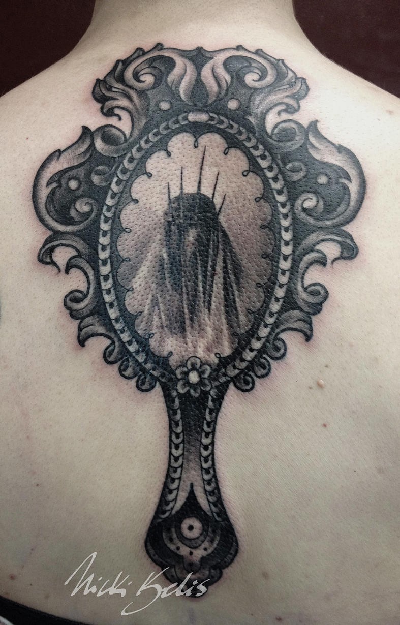 Horror style colored back tattoo of mirror with creepy woman in it