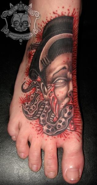 Horror style colored bloody geisha head with snake