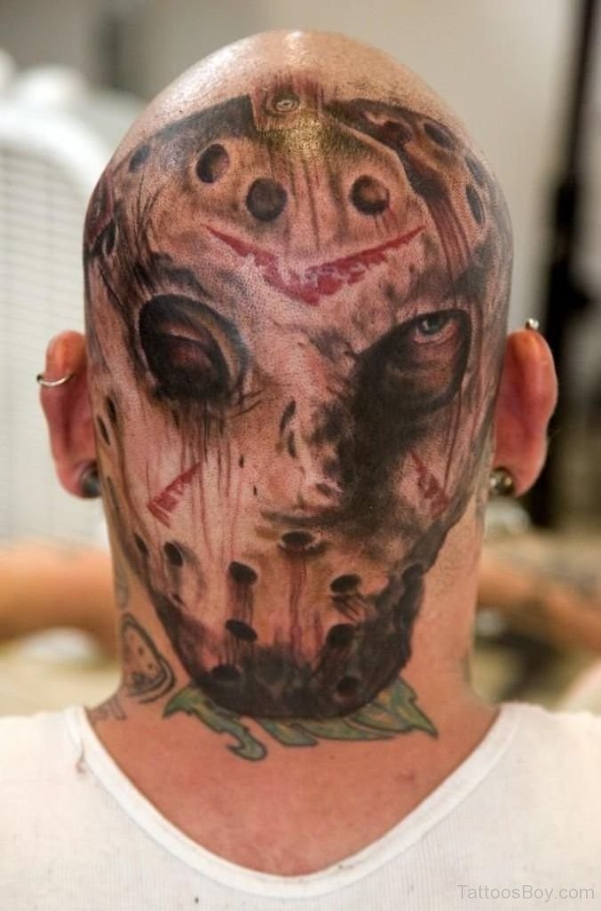 Horror style colored head tattoo of creepy Jason portrait
