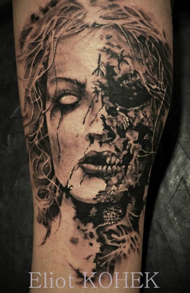 Horror style colored leg tattoo of corrupted woman face