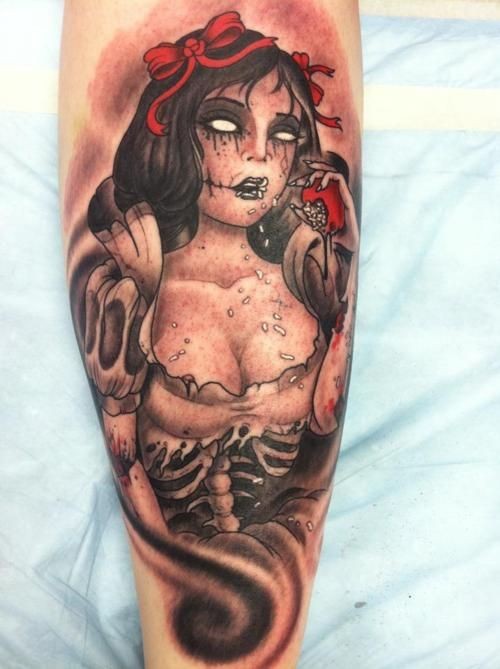 Horror style colored leg tattoo of zombie woman with apple and bow