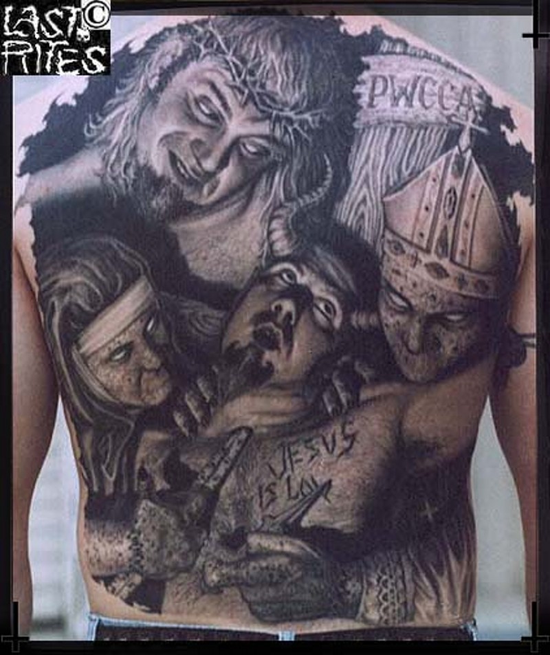 Horror style colored strange religious tattoo on whole back with lettering