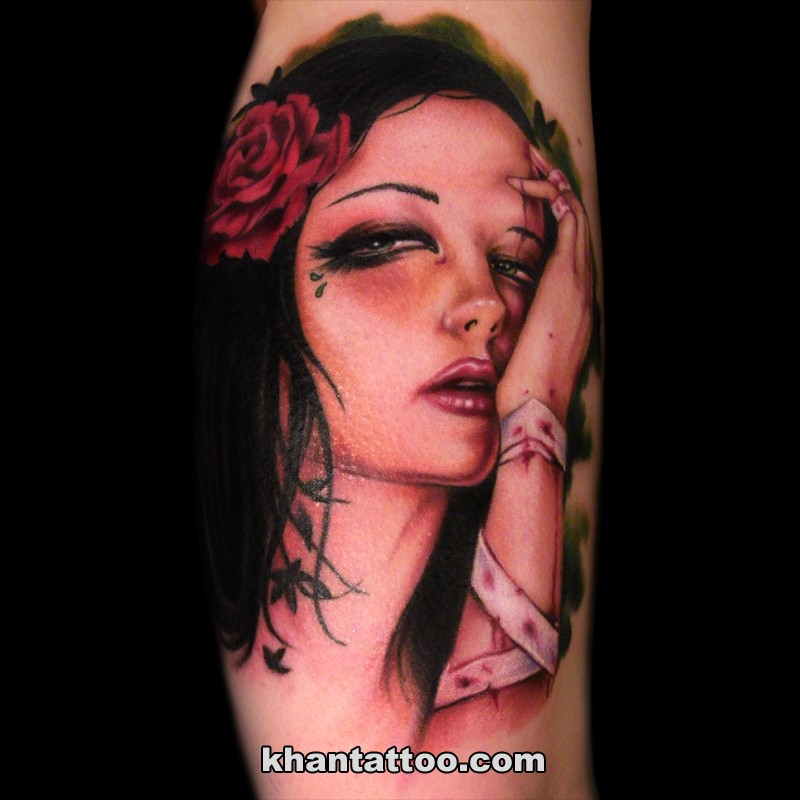 Horror style colored tattoo of mystical woman with flower