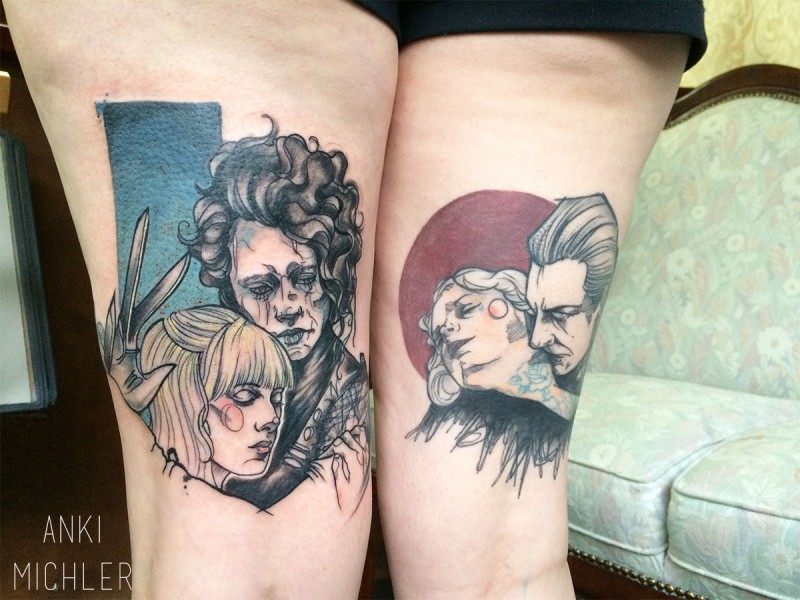 Horror style colored thighs tattoo of various monsters