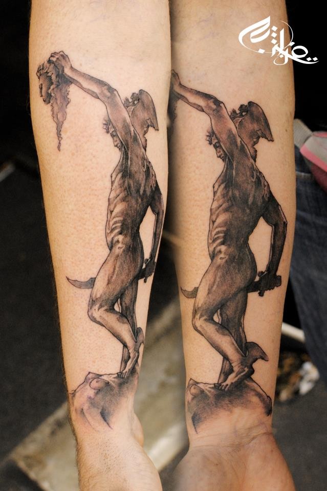 Horror style creepy looking forearm tattoo of antic warrior with Medusa head