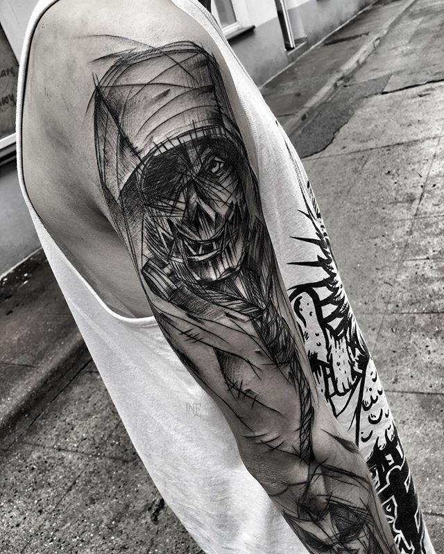 Horror style creepy looking painted by Inez Janiak sleeve tattoo of creepy demon