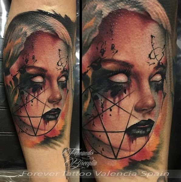 Horror style detailed arm tattoo of demonic woman with symbols