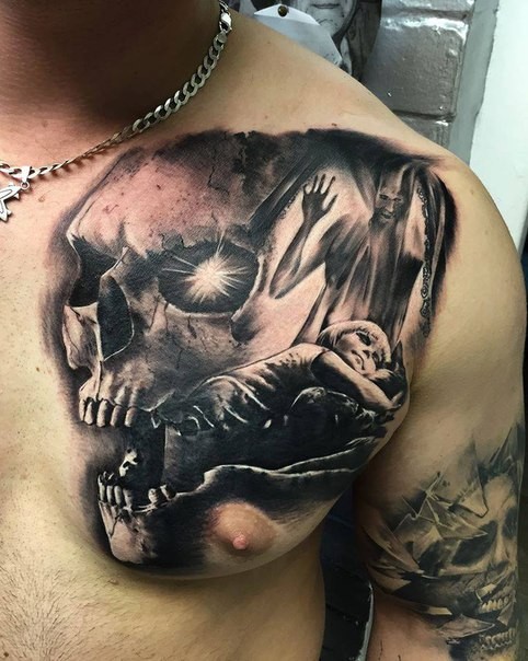 Horror style detailed chest tattoo of human skull with sleeping child