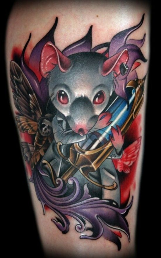 Horror style scary looking leg tattoo of mouse with needle and butterfly