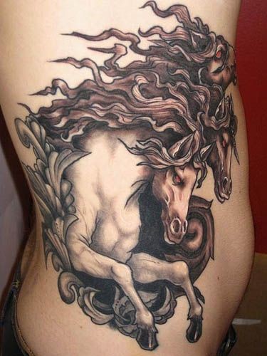 Horse with great manes tattoo on side body