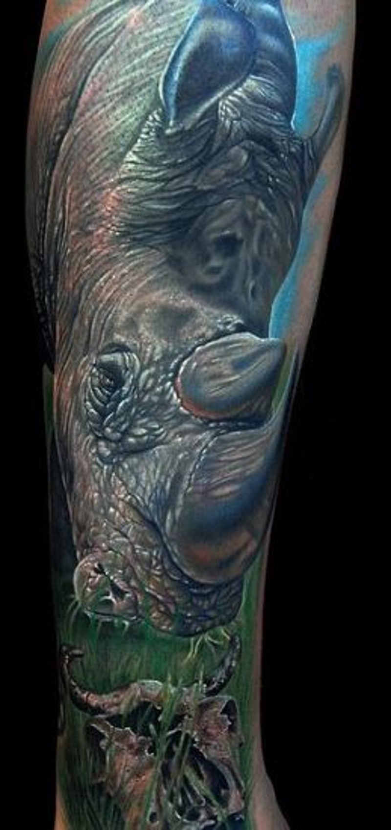 Huge 3D realistic naturally colored lifelike wildlife rhinoceros tattoo with tiny animal skull