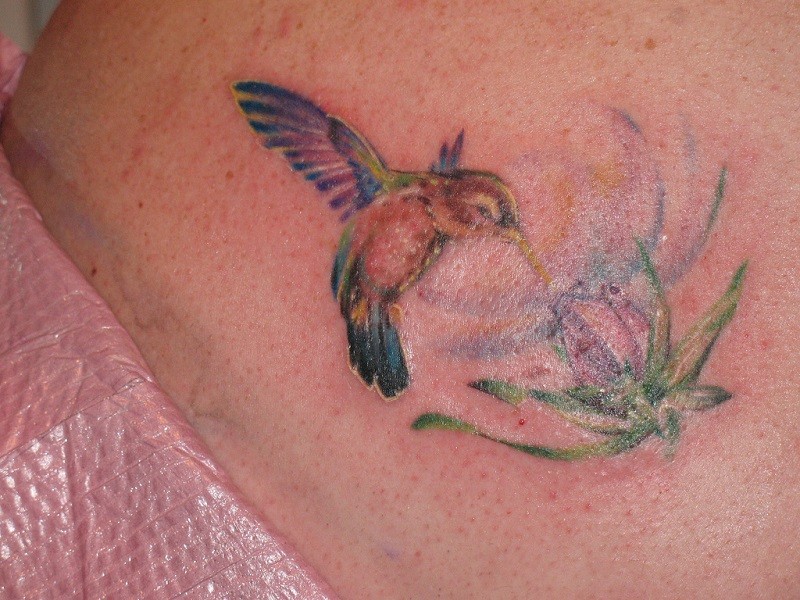 Paint splash hummingbird and flower tattoo