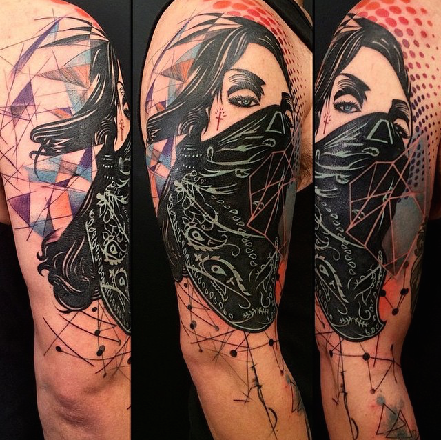 Illustrative style awesome looking colored shoulder tattoo of thug woman