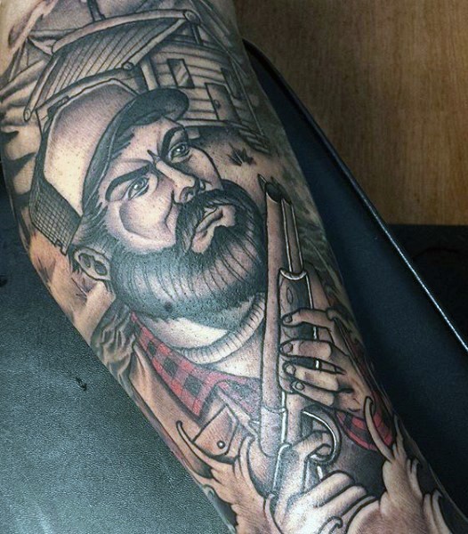 Illustrative style big colored forearm tattoo of man with small rifle