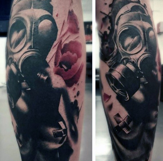 Illustrative style black and man in gas mask tattoo on leg with red flower