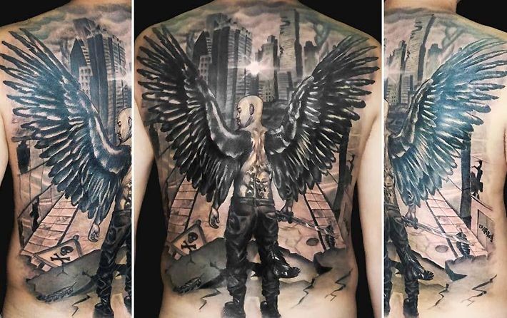 Illustrative style black and white angel man in city